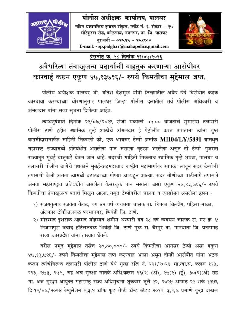 बटाट्याच्या गोण्यांच्या आड लपवून गुटख्याची तस्करी; तलासरी पोलिसांची धडक कारवाईगुजरातमधून मुंबईकडे जाणारा ४७.९३ लाखांचा मुद्देमाल जप्त; दोघांना अटक 2