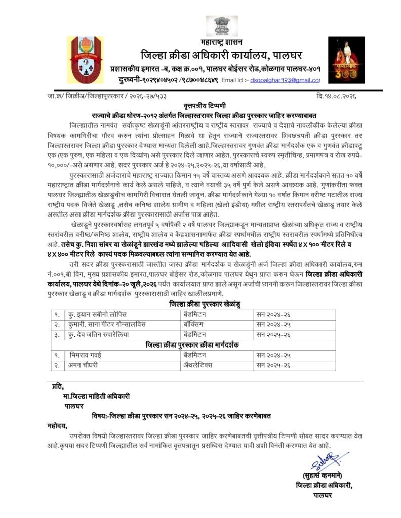 पालघरच्या क्रीडा क्षेत्राला मानाचा तुरा; तीन खेळाडूंसह दोन मार्गदर्शकांना जिल्हा क्रीडा पुरस्कार 2